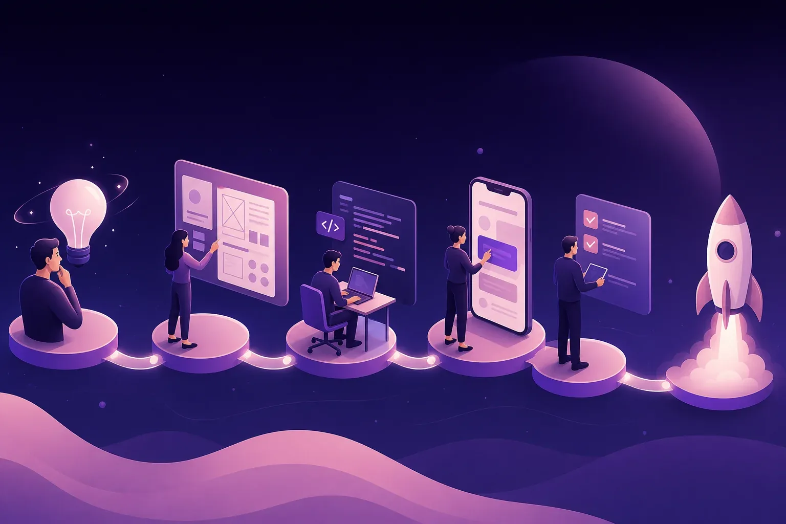 Infographic showing how to build an MVP for a startup in 6 lean steps from idea validation to product launch