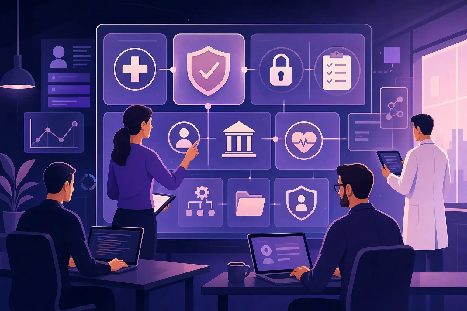 Healthtech MVP development team reviewing regulatory compliance requirements and healthcare data protection standards before