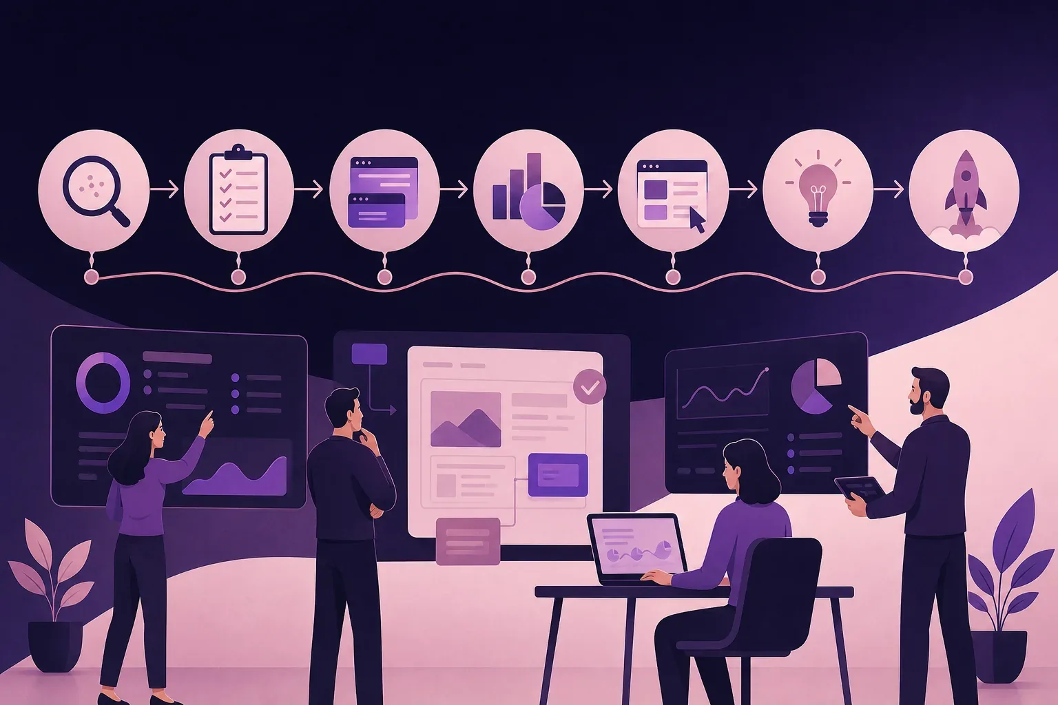 Infographic showing the 7-step UX audit services methodology with numbered phases for evaluating user experience design