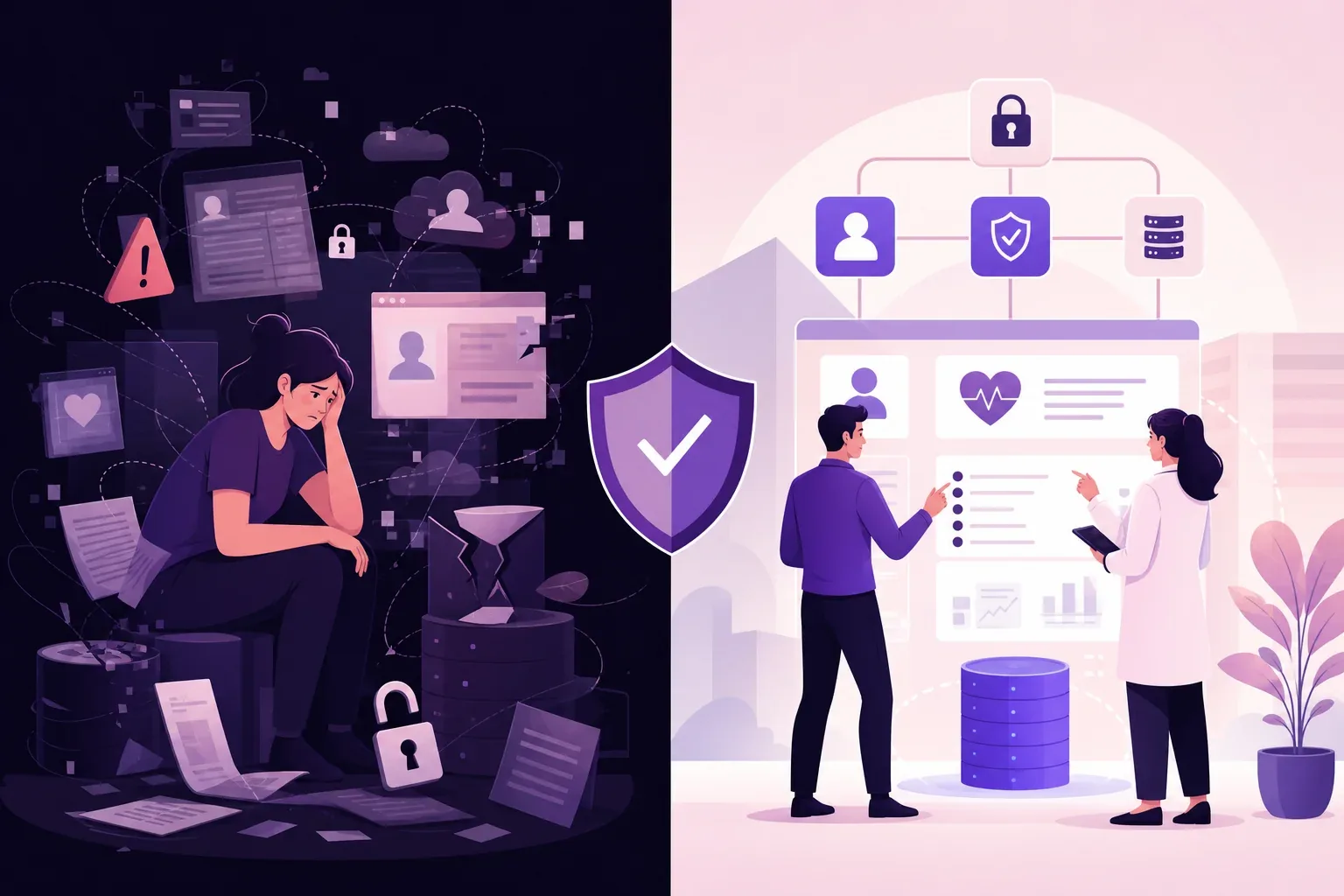 Blueprint diagram illustrating healthtech MVP development with privacy-by-design compliance architecture and security layers