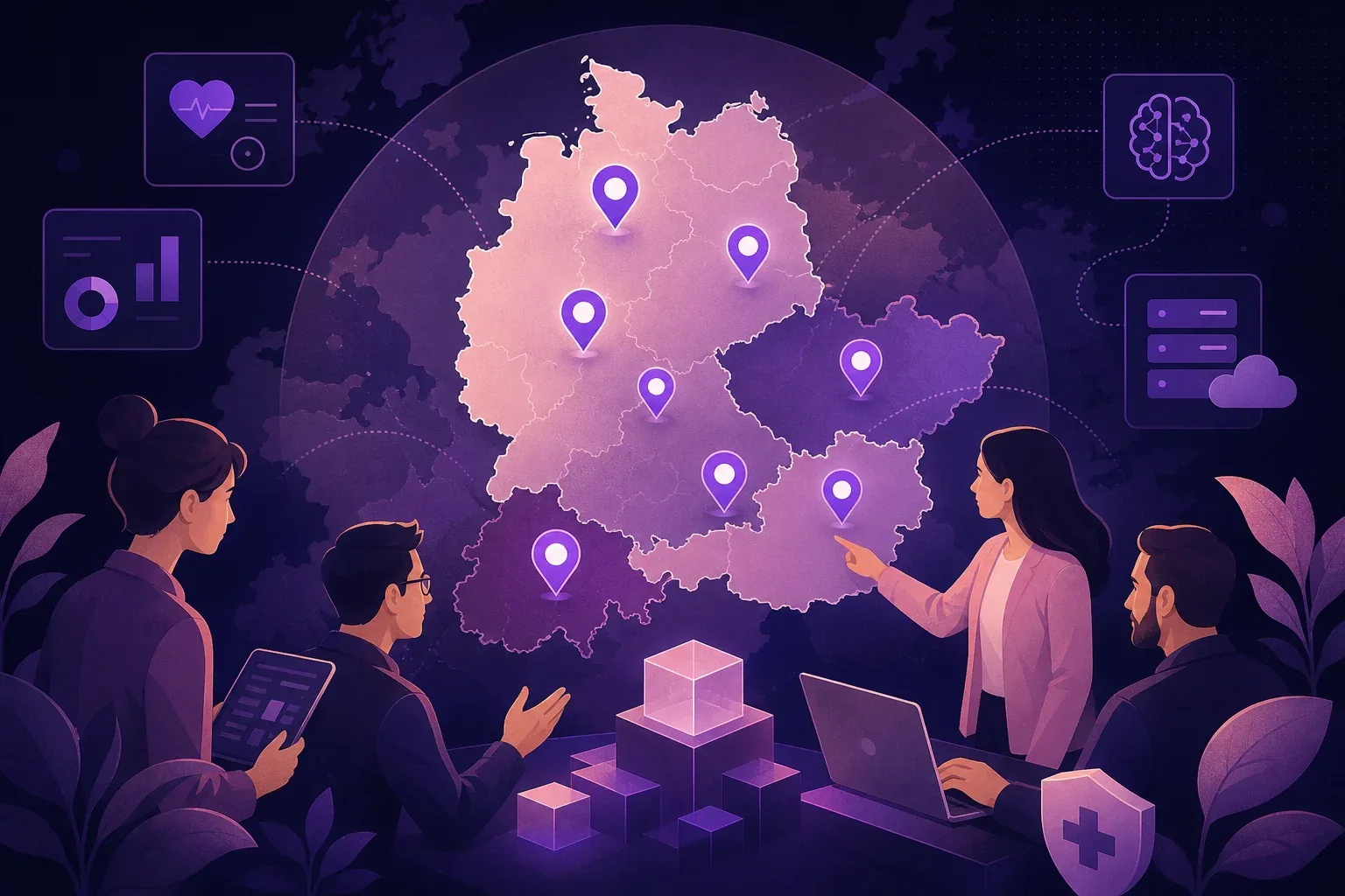 Doctor using tablet with digital health icons, illustrating healthtech MVP development for medical apps in DACH region
